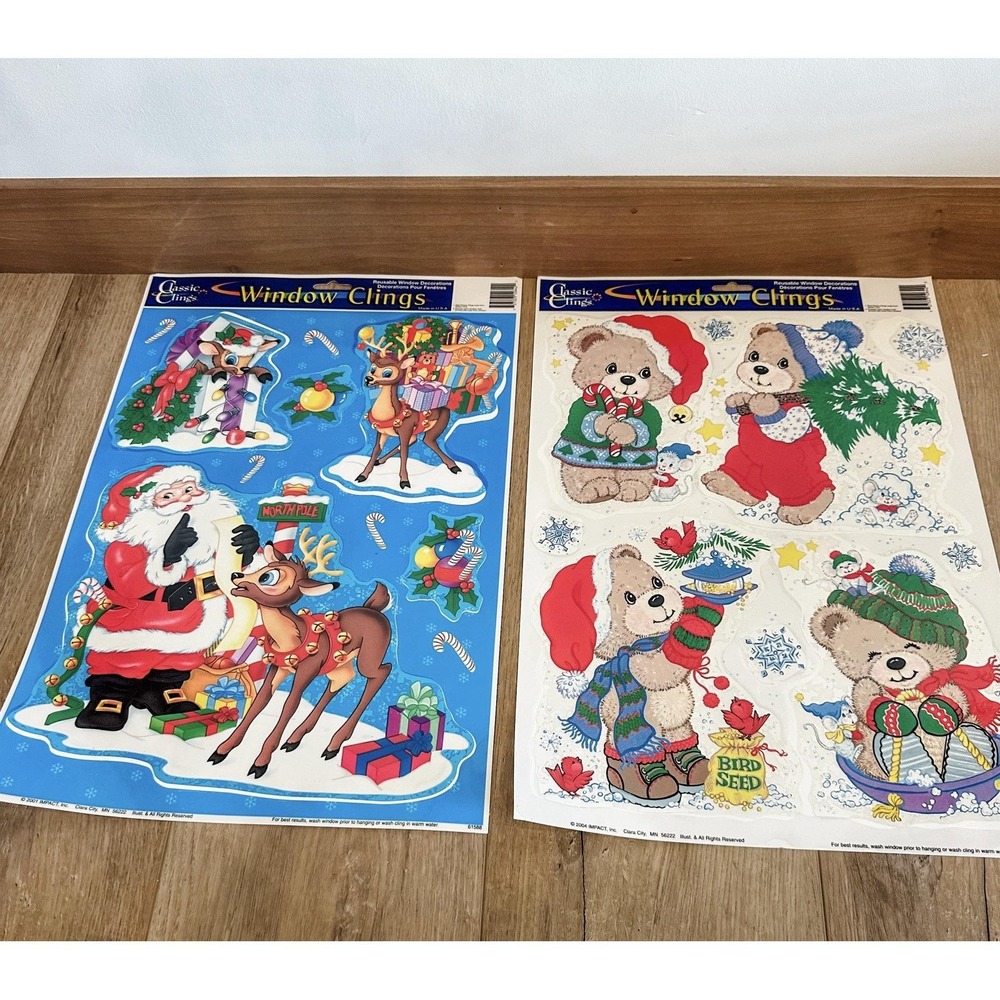 VTG 2000's (2) Christmas Window Clings Decals Santa Reindeer Teddy Bears